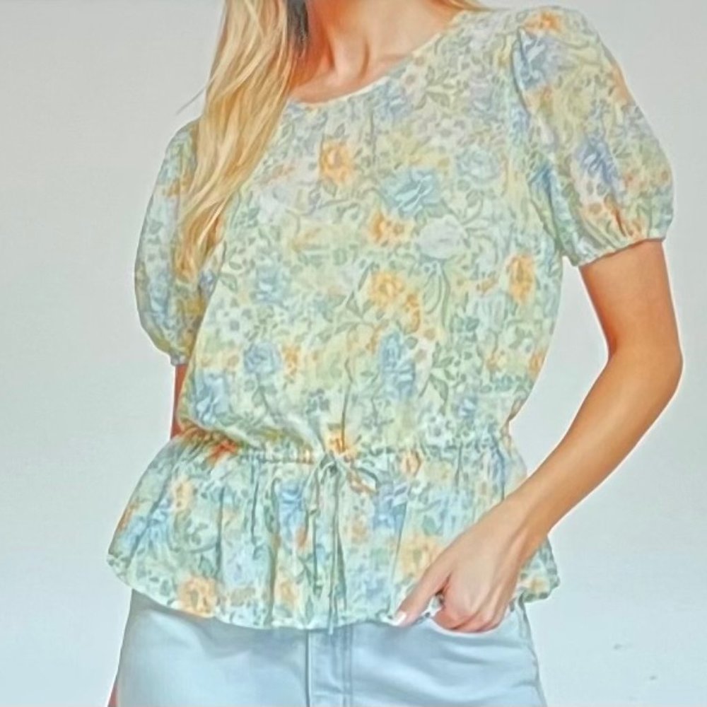 Lost + Wander Mountain Bloom Peplum Top in Blue/Green Floral (M) New With Tags